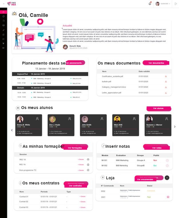 Exemplo de portal do professor Konosys com planeamento, documentos, alunos, formação e introdução de notas