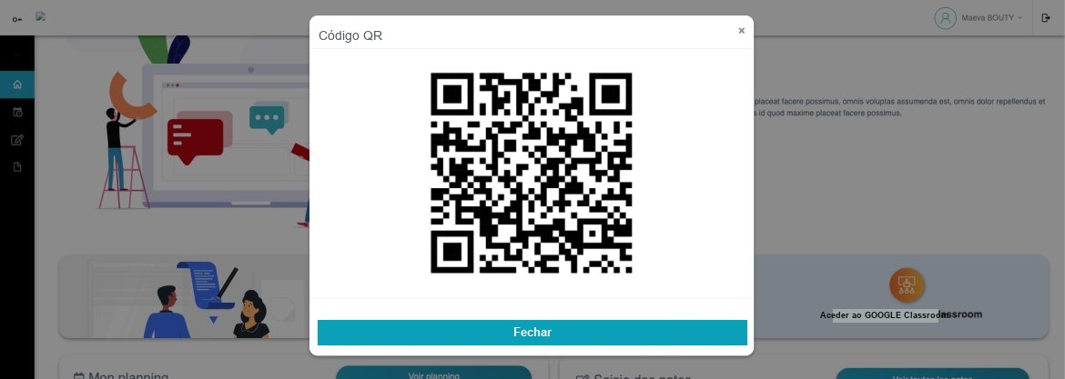 Exemplo de um portal do professor com acesso ao pagamento por código QR e à sala de aula virtual